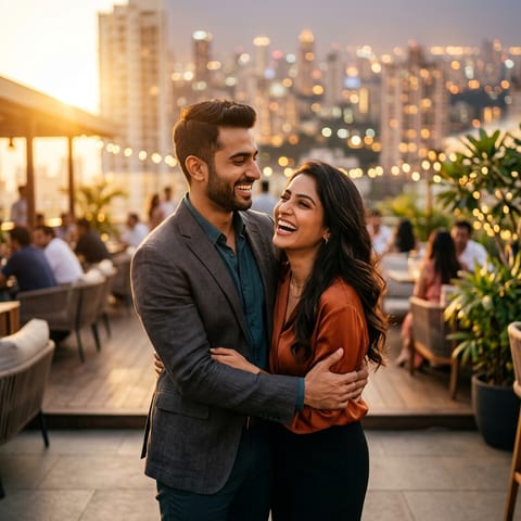 Happy romantic Indian couple smiling and embracing, representing authentic connection on PositiveSingles India